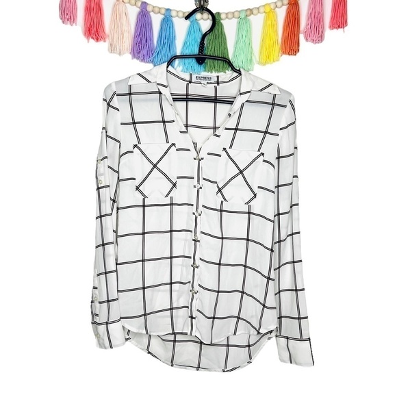 Express White Plaid Double Breasted Portofino Dress Shirt Size Extra Small - Picture 1 of 13